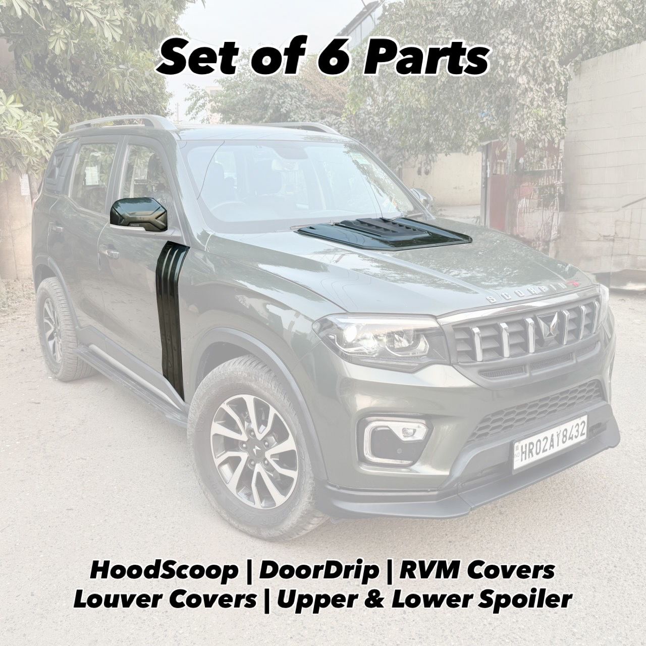 Level-1 Modification Body Kit Combo Set of 6 Parts: HoodScoop DoorDrip RVM Covers Upper Spoiler Lower Spoiler Louver Covers Scorpio N Modified Accessories